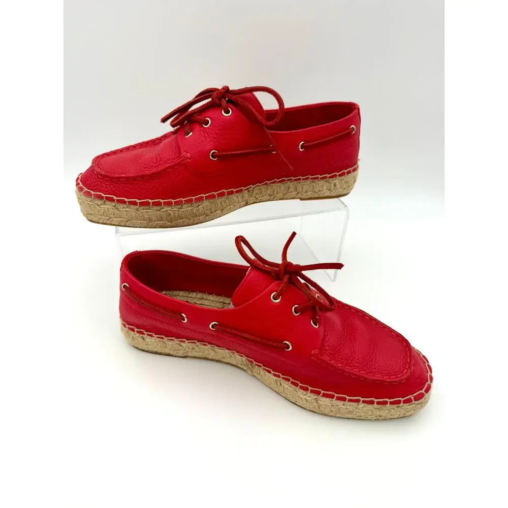 Tory Burch Skipper Boat Shoes Espadrilles Red Leather Size 9.5 Flatforms Flats